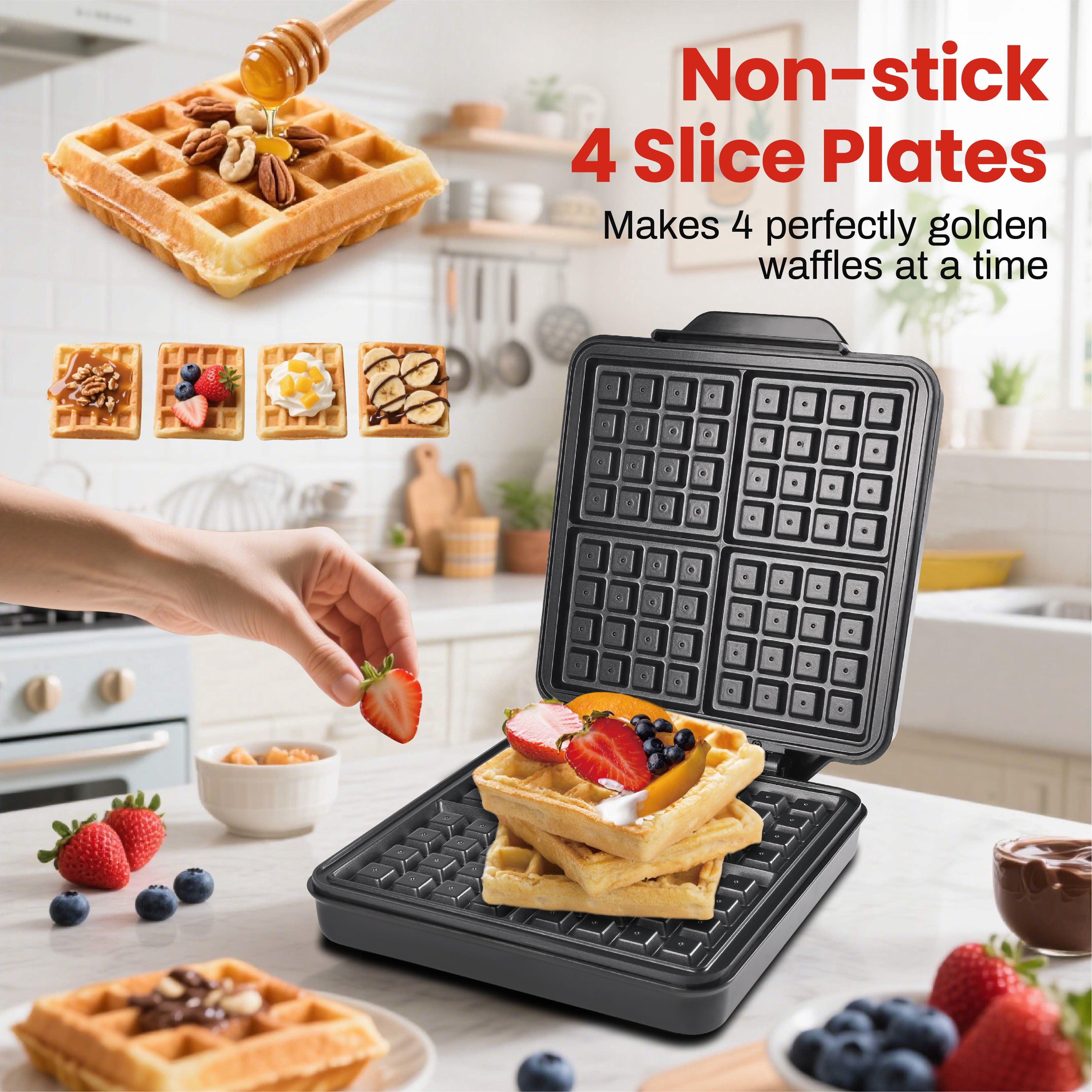 4 Slice Waffle Maker with Easy to Clean, Stainless Steel, Black & Silver, 1200W