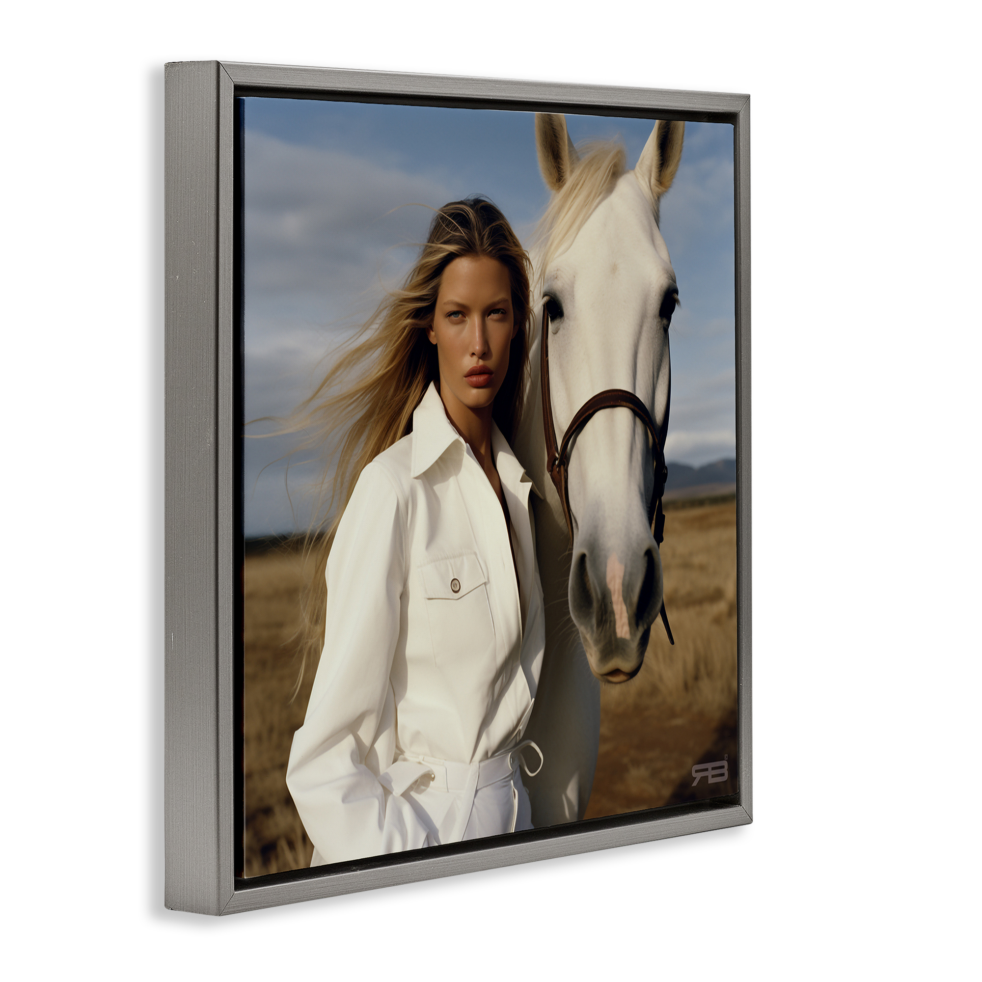 Stupell Industries Equestrian Girl & White Horse People Painting Gray Floater Framed Canvas Art Print Wall Art, 18 x 18