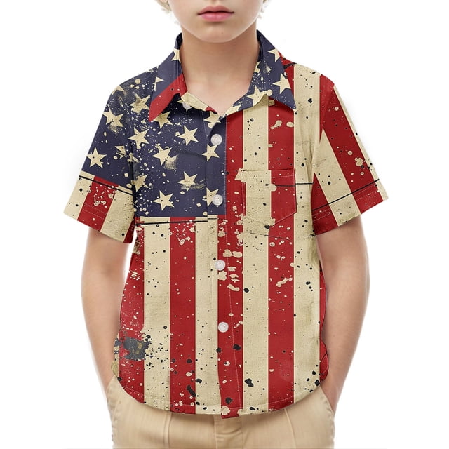 Chandail à Manches Courtes Imprimé pour Enfants pour la Fête de l'Indépendance, Col Rond, Mélange de Polyester, Lavable à la Main, Tenue Décontractée, Prêt pour Séance Photo