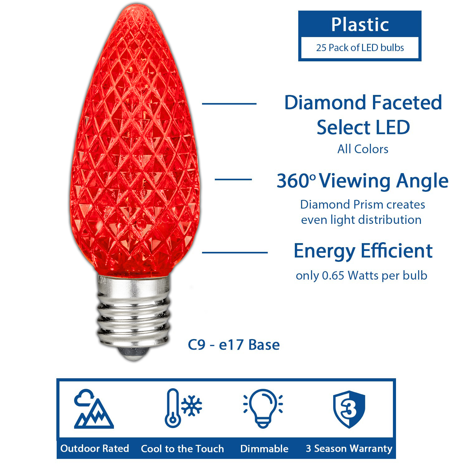 Novelty Lights Multicolor C9 LED Diamond Faceted Christmas Replacement Bulbs Dimmable 25 Pack
