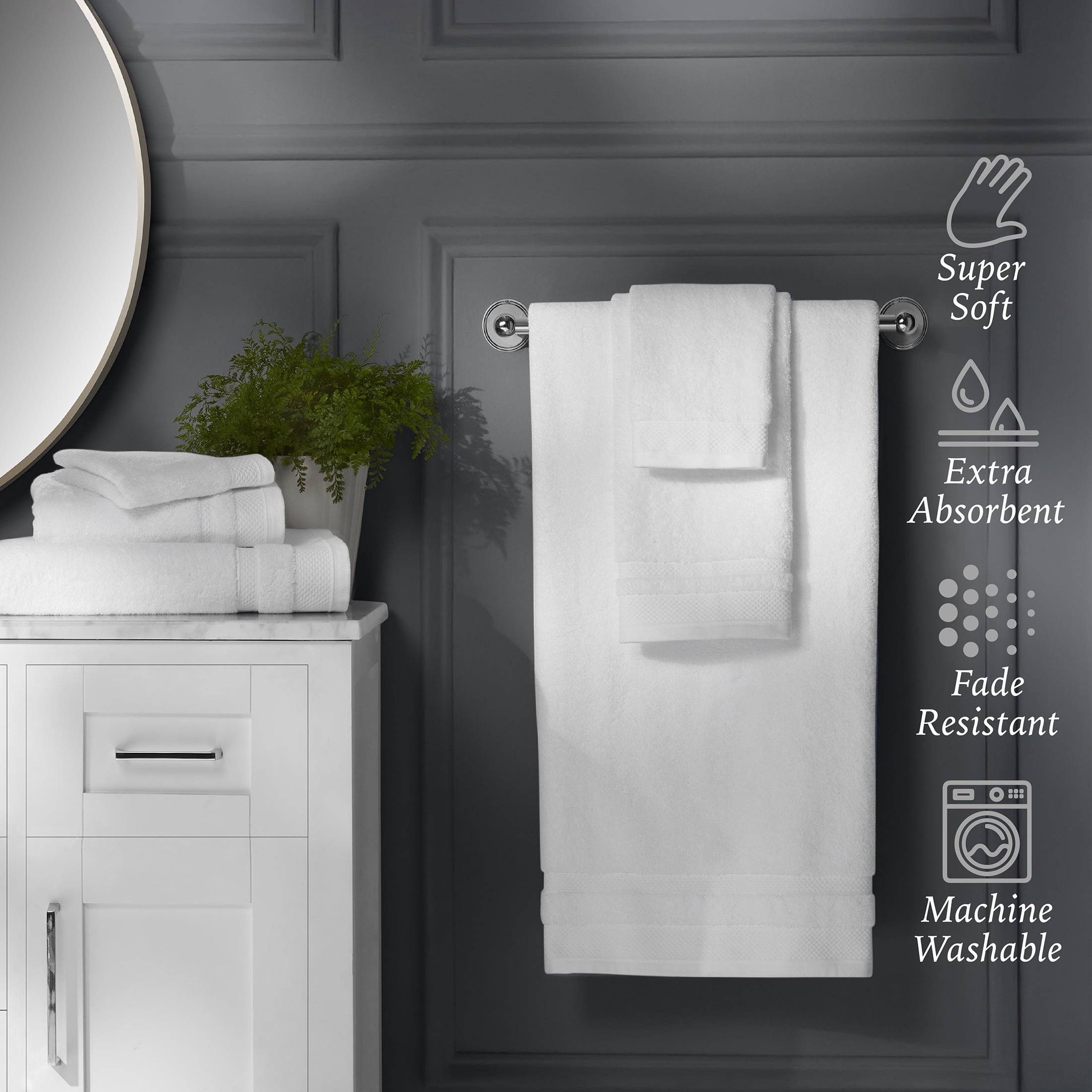 Hotel Style 6-Piece Bath Towel Set, 100% U.S. Grown Cotton, Arctic White