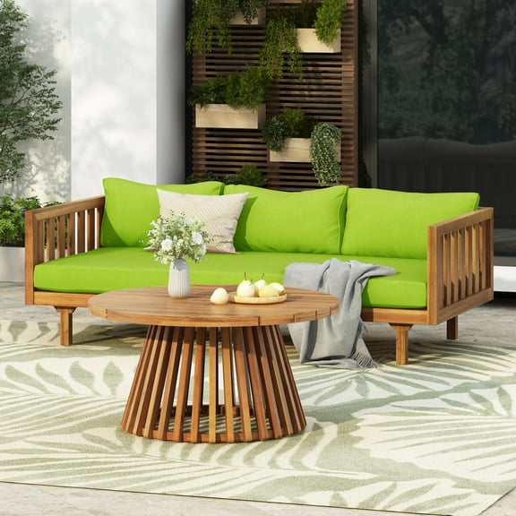 Christopher Knight Home 3-Seater Outdoor Daybed Set with Round Coffee Table, Green Cushions, Teak Finish
