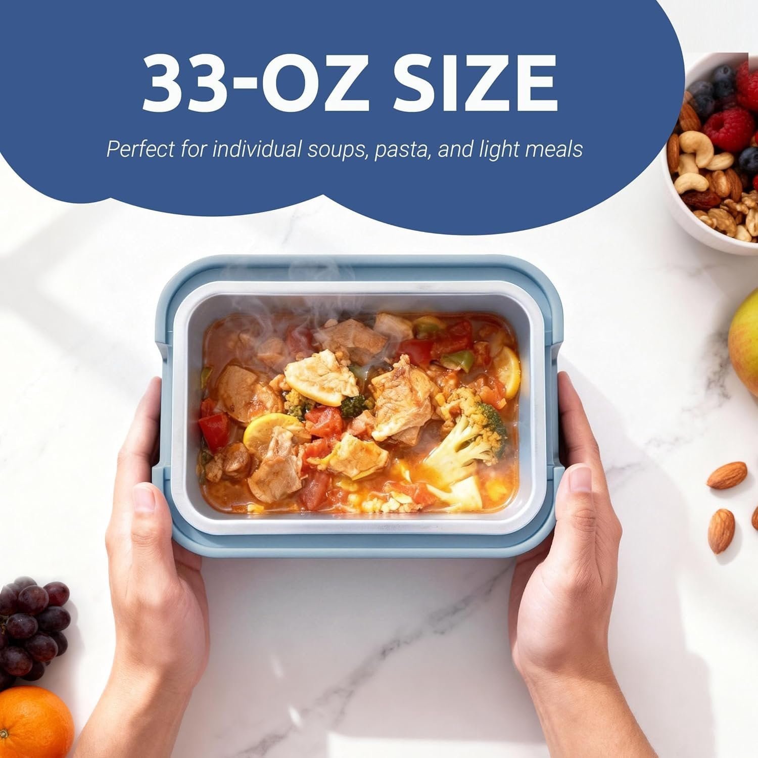 Portable 4 Cup Electric Heated Lunch Box, 33oz  Warmer for Work& Travel, Leak-Proof  Lid, Foldable Carry Handle, Removable Stainless-Steel Container & Detachable Power Cord, Blue