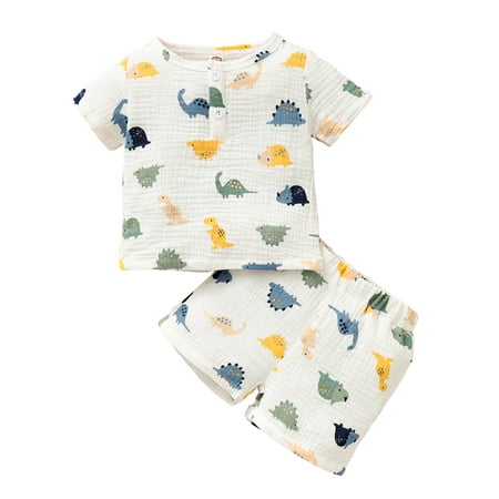 

12 Months Baby Boys Clothes 18 Months Boys 2pcs Summer Outfit Dinosaur Print Toddler Boys Short Sleeve Top Shorts Set White