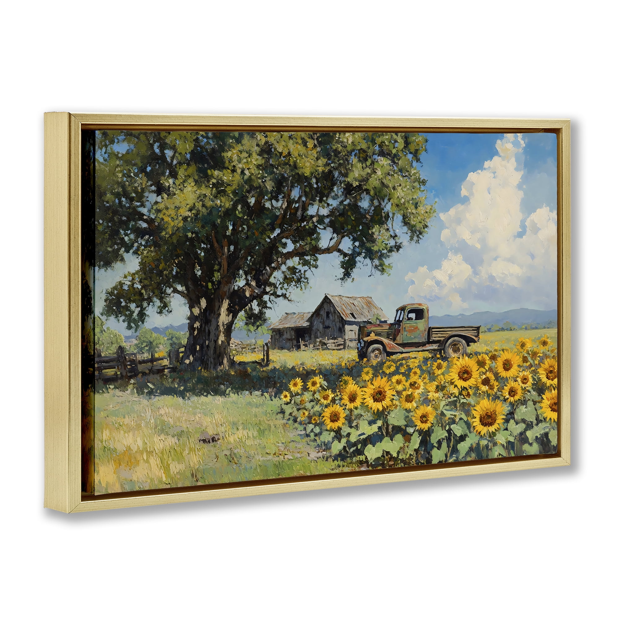 Stupell Industries Sunflower Pickup by Old Barn Gold Framed Floater Canvas Wall Art, design by Franklyn Gregory