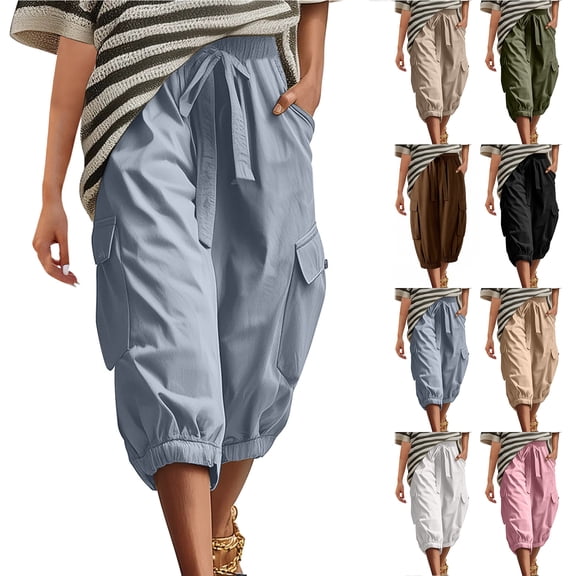 Bloomae Women's Cargo Capris Pants Drawstring Elastic High Waist Hiking Cropped Pants Summer Loose Fit Casual Oversized Baggy Capri Pants with Multi-Pockets