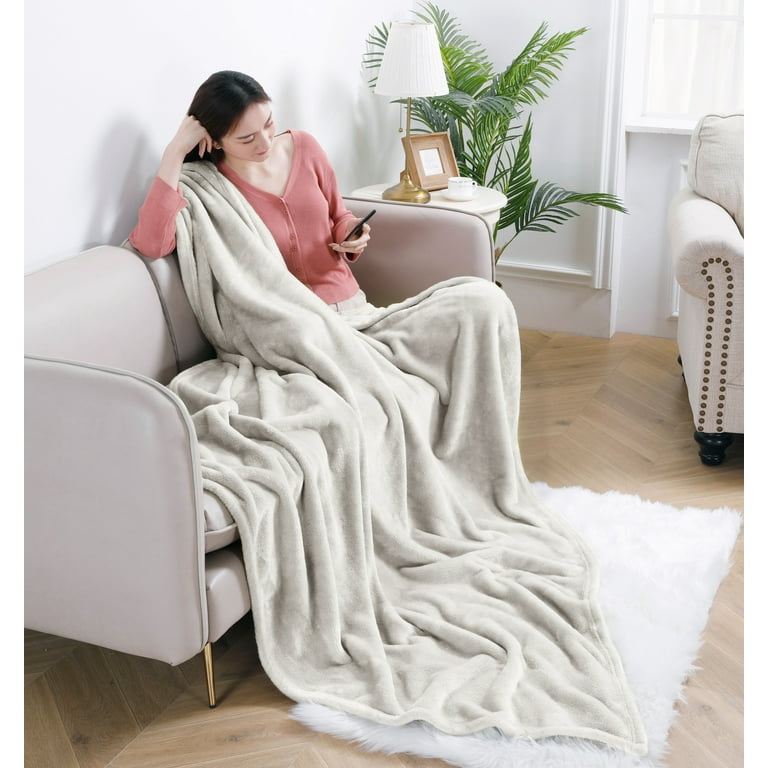 Elle Decor Solid Plush Oversized Throw Blanket Silky Soft and Cozy Flannel Fleece for Bed and Couch Ivory Size 60