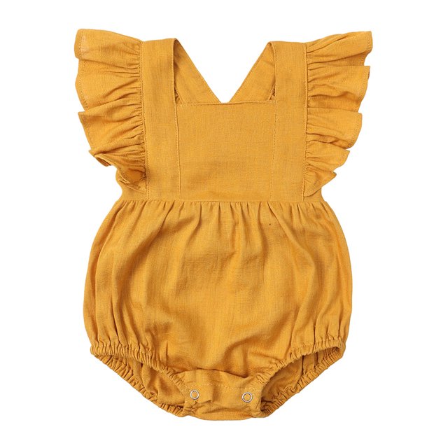 DPTALR Barboteuse Mignonne pour Bébé Fille en Coton et Lin Uni avec Volants et Dos Nu