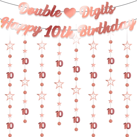 Banner decorativo ITHKIRHO para 10 cumpleaños de niñas, oro rosa, 10 unidades