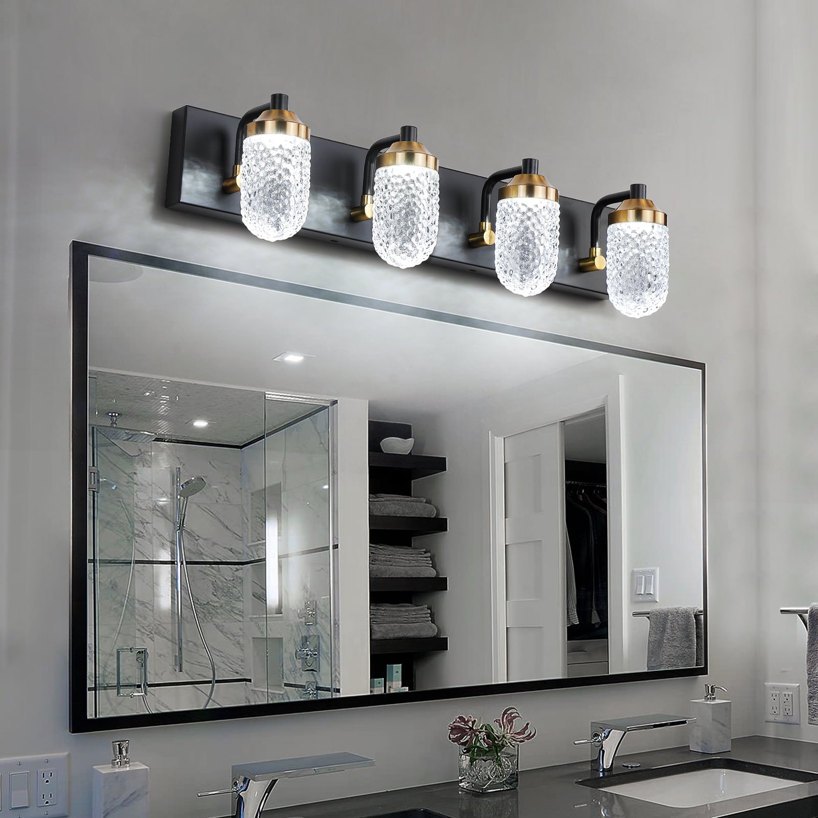 4-Lights Crystal Vanity Lights for Bathroom Lighting Fixture Black Gold  Vintage Vanity Light LED Bathroom Wall Light Fixture