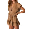 thumbnail image 3 of Summer Rompers for Women 2026 V Neck Short Sleeve Button Up Ruffle Jumpsuit Outfit with Pockets Khaki XL, 3 of 9