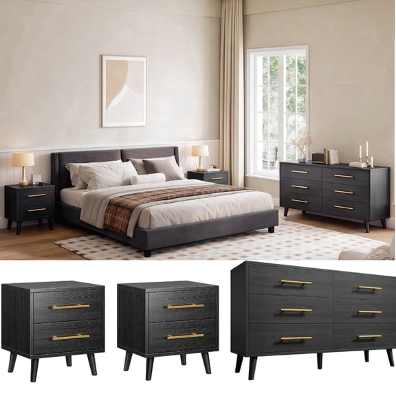 Noelse 3 Piece Bedroom Furniture Set, 6 Drawer Dresser with 2 Nightstands, Modern Wood Storage Organizer with Metal Handles for Bedroom, Living Room,Black