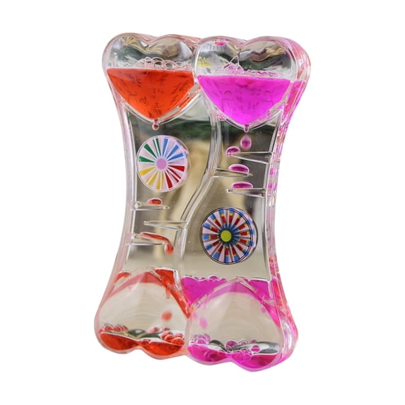Double Heart Liquid Motion Bubbler Oil Drip Timer with Full Windmill Design, 3.4 oz Plastic Visual Sensory Desk Toy for Stress Relief and Home Office Decor.