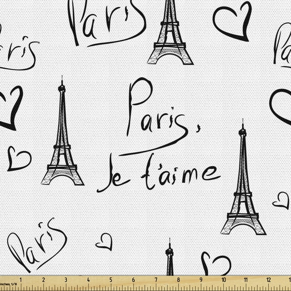 Ambesonne Paris Fabric by the Yard Upholstery, Eiffel Je T'aime Doodle, 1 Yard, Black White