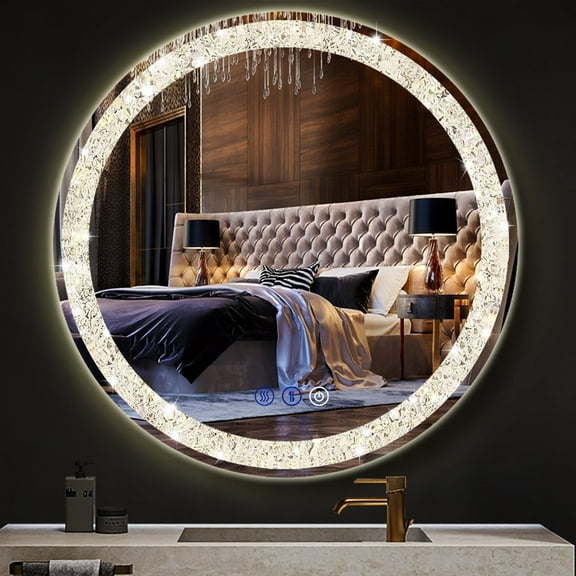 30 Inch Crystal Round LED Bathroom Mirror with Front Light 3 Color Dimmable 30 Inch Round Lighted Vanity Mirror for Bathroom Wall Mounted Anti Fog Circle Rounds Light up Smart Mirror
