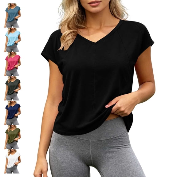 TGSLY Open Back Workout Crop Tops for Women Dressy Casual V Neck Short Sleeve Athletic Shirts Relaxed Fit Tie Back Solid Color Gym Running Yoga Tees L