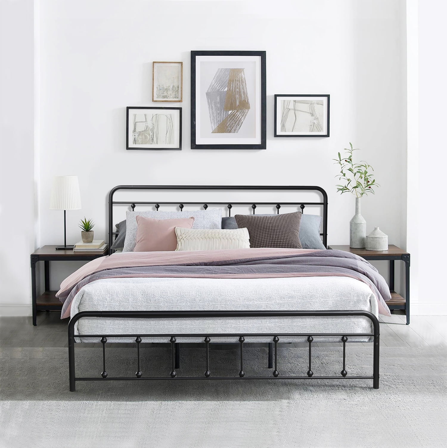 VECELO Vintage Metal Queen Size Platform Bed Frame with Headboard and