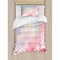 thumbnail image 3 of Pastel Duvet Cover Set Queen Size, Japanese Nature Sakura Tree Cherry Blossoms Romantic Hazy Dreamy Cheerful, Decorative 3 Piece Bedding Set with 2 Pillow Shams, Pale Pink Pale Blue, by Ambesonne, 3 of 3