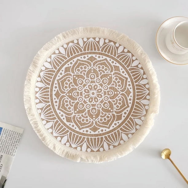Mantel individual redondo bohemio de 38 cm con flecos de yute tejido y borlas para comedor INS Hot Table Decors