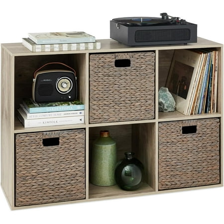 HJTER 6-Cube Storage Organizer, 13.5in Shelf Opening, Bookcase, Display Shelf, Customizable w/ 3 Removable Back Panels – Greige