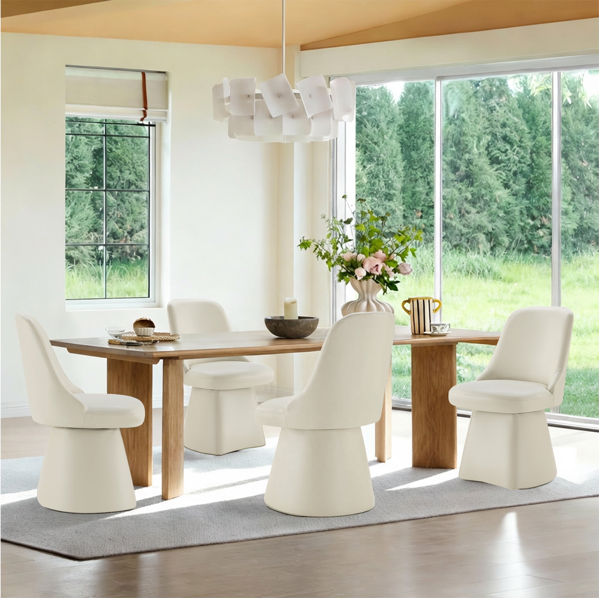 Spruce & Spring Modern Upholstered Swivel Dining Chair with High Back and Conical Base, Single, Cream Faux Leather
