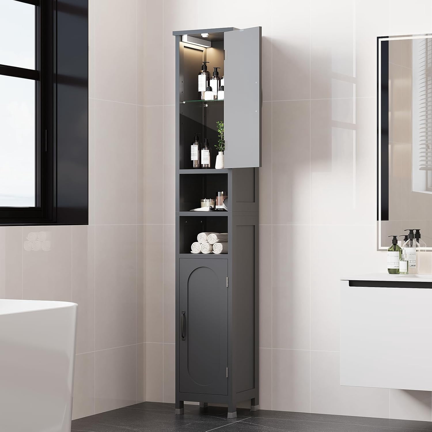 67" Tall Bathroom Storage Cabinet with Lights, Slim Narrow Bathroom Cabinet Organizer with Doors and Adjustable Shelves, Tall Cabinet for Small Space, Living Room, Kitchen, Gray