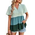 thumbnail image 1 of Top de verano para mujer, manga corta, cuello en V, botón frontal, bloque de color, dobladillo con volantes, Top para mujer verde L, 1 of 8