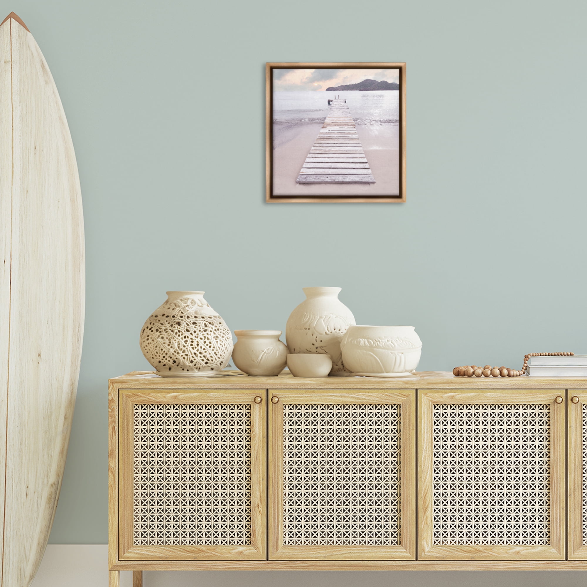 Stupell Industries Zen Beach Dock Landscape Painting Brown Floater Framed Canvas Art Print Wall Art, 18 x 18