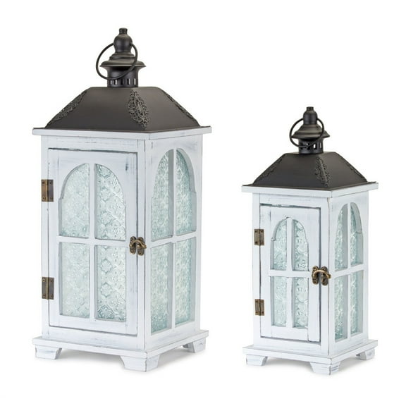 Wood Lantern Set of 2 - White Decorative Candle Holders with Frosted Glass Panels