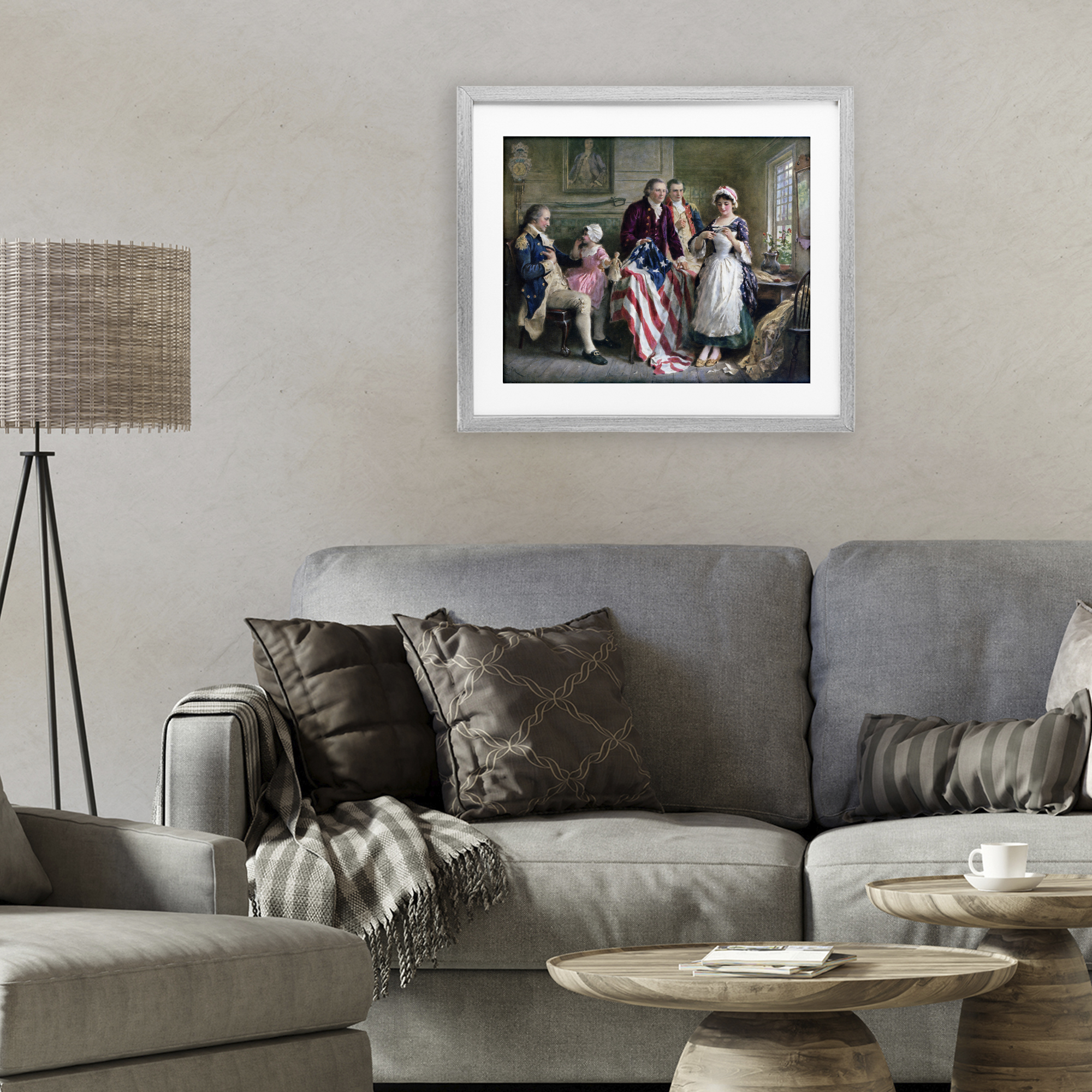Historical Betsy Ross Gray Framed Print Under Glass, design by Arlington Prints