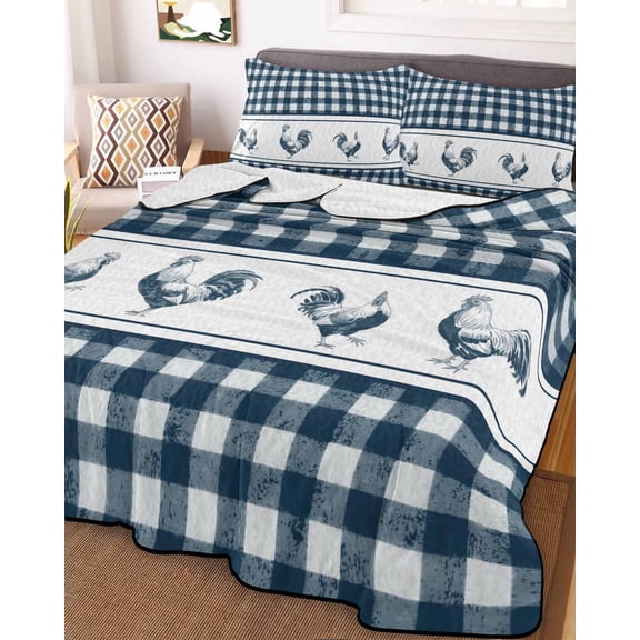 Farmhouse Blue Plaid Full Size Down Alternative Comforter, Lightweight Comforter Quilt Bedding Set with Pillow Shams Vintage Country Cock Checkered All Seasons Bed Comforter Duvet Insert 78"x90"
