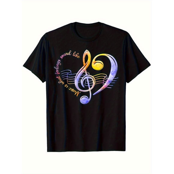 100% Cotton Bohemian Music Heart T-Shirt - "Music is the Sound of Life" Treble Clef & Notes Design, Vibrant Colorful Print, Unisex Sizes S-XXXL, Machine Washable, Perfect Gift for