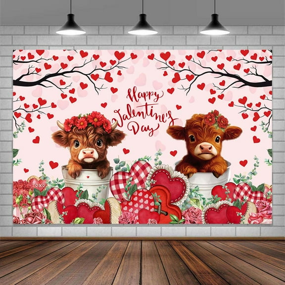 7X5ft Valentines Day Highland Cow Backdrop Hearts Love Flower Floral Valentine's Day Backdrops for Photography Vinyl Romantic Red Rose Party Bridal Shower Valentine Day Background Banner