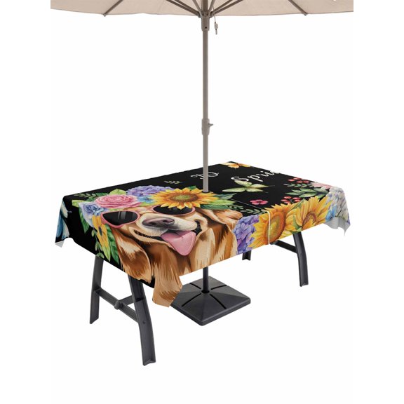 Outdoor Tablecloth with Umbrella Hole and Zipper, Spring Dog Rectangle Table Cloth 60x84 Inch Waterproof Tablecloth, Black Watercolor Botanical Floral Sunflower Picnic Table Cover for Patio Camping