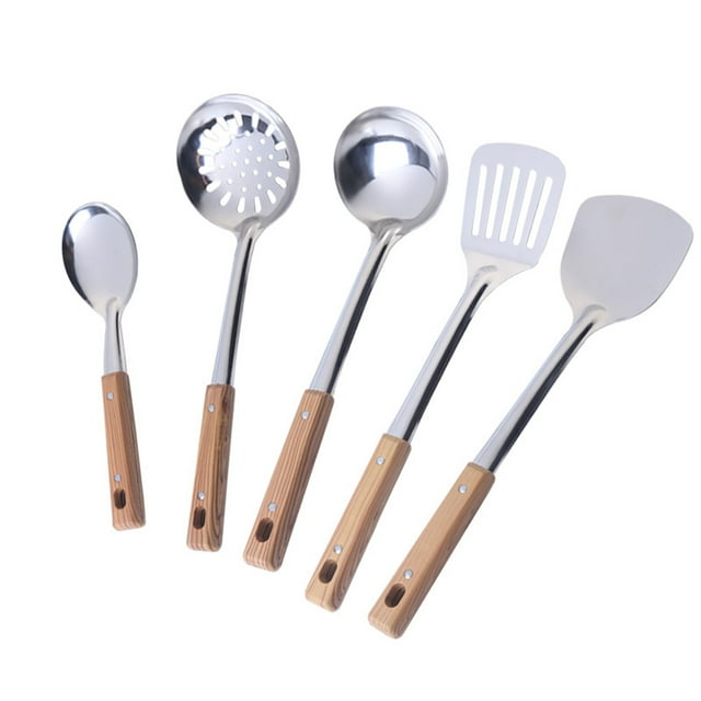 Ensemble Supérieur d'Ustensiles de Cuisine en Acier Inoxydable 5 Pcs Outils de Cuisson Robustes Incluant Spatule Tourne-Omelette Cuillère à Soupe et Passoire Résistant à la Chaleur Conçu pour Durer