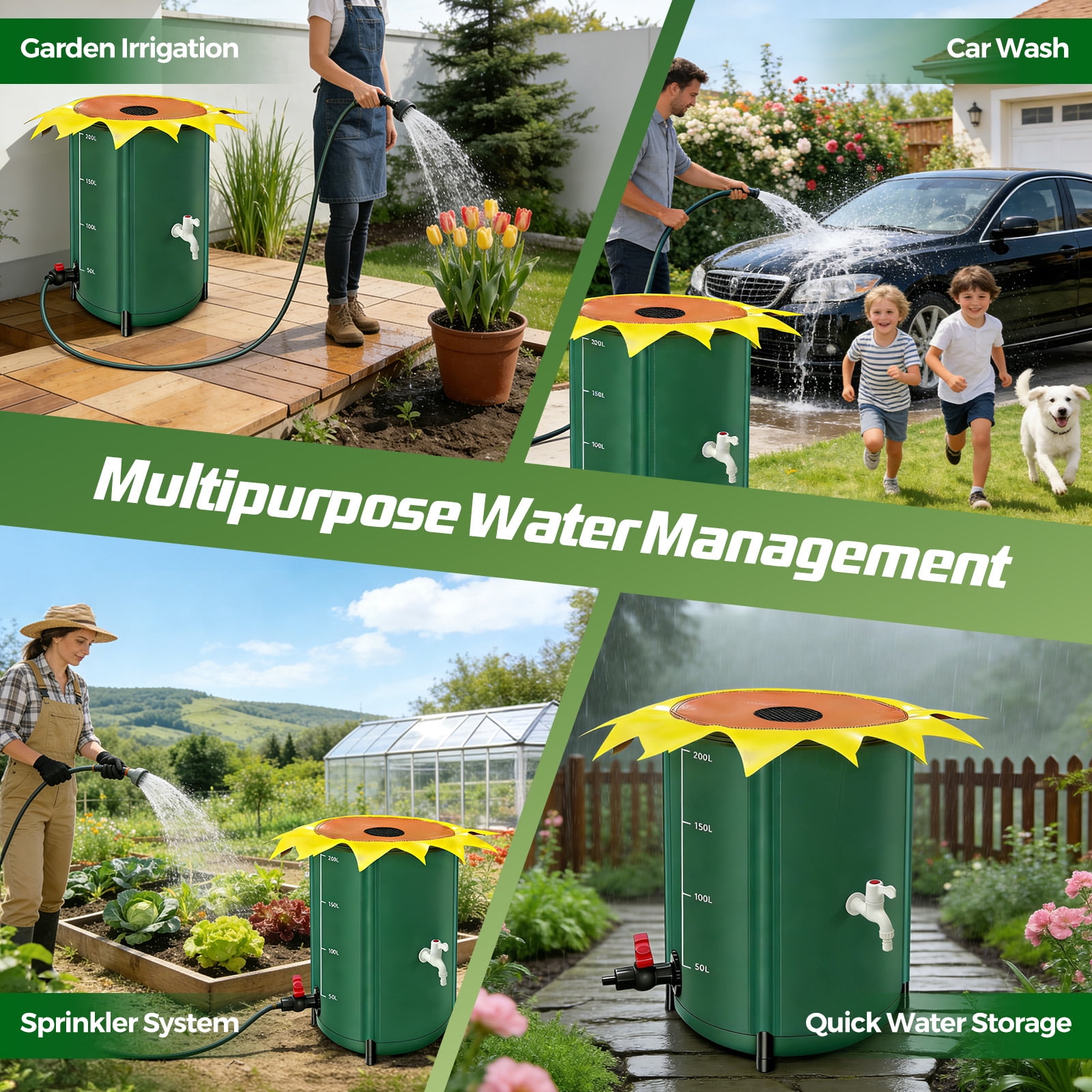 YTAKY Collapsible Rain Barrel 53 Gallon, Portable Rain Water Collection Barrel with 1000D Oxford Cloth, Spigot and Overflow Kit for Garden, Lawn, Outdoor - Green