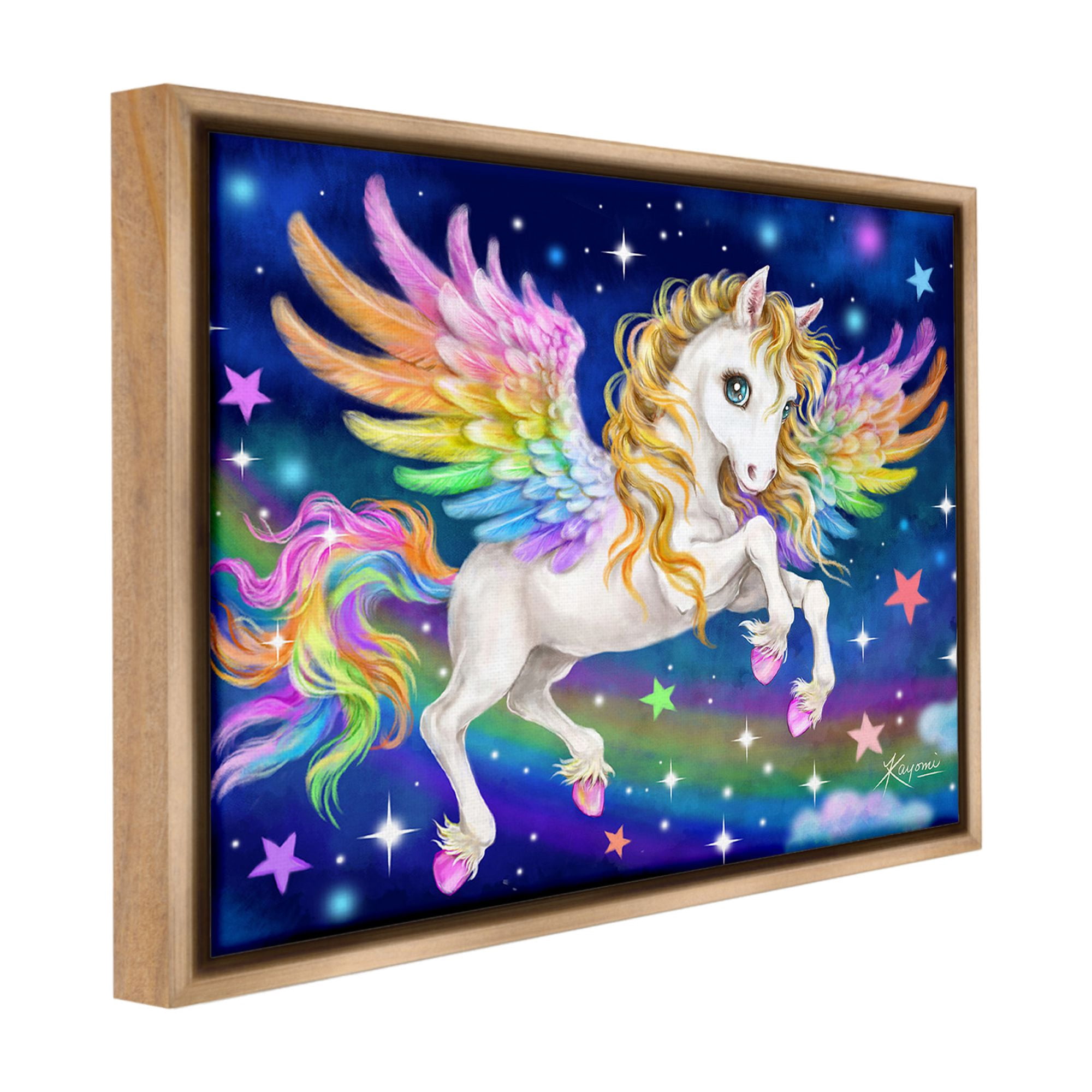 Stupell Industries Rainbow Unicorn in Space Fairy Tales & Fantasy Painting Brown Floater Framed Canvas Art Print Wall Art, 31 x 25
