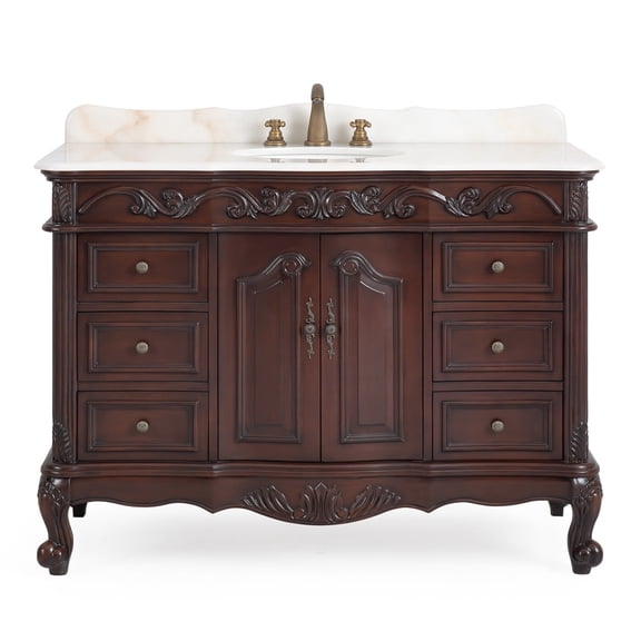 Benton Collection 48" Traditional Cherry Brown Bathroom Vanity with White Marble Top