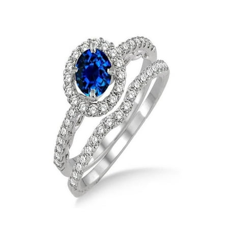 1.5 Carat Sapphire and Diamond Antique Floral Halo Bridal set in 14k White Gold affordable sapphire & diamond engagement