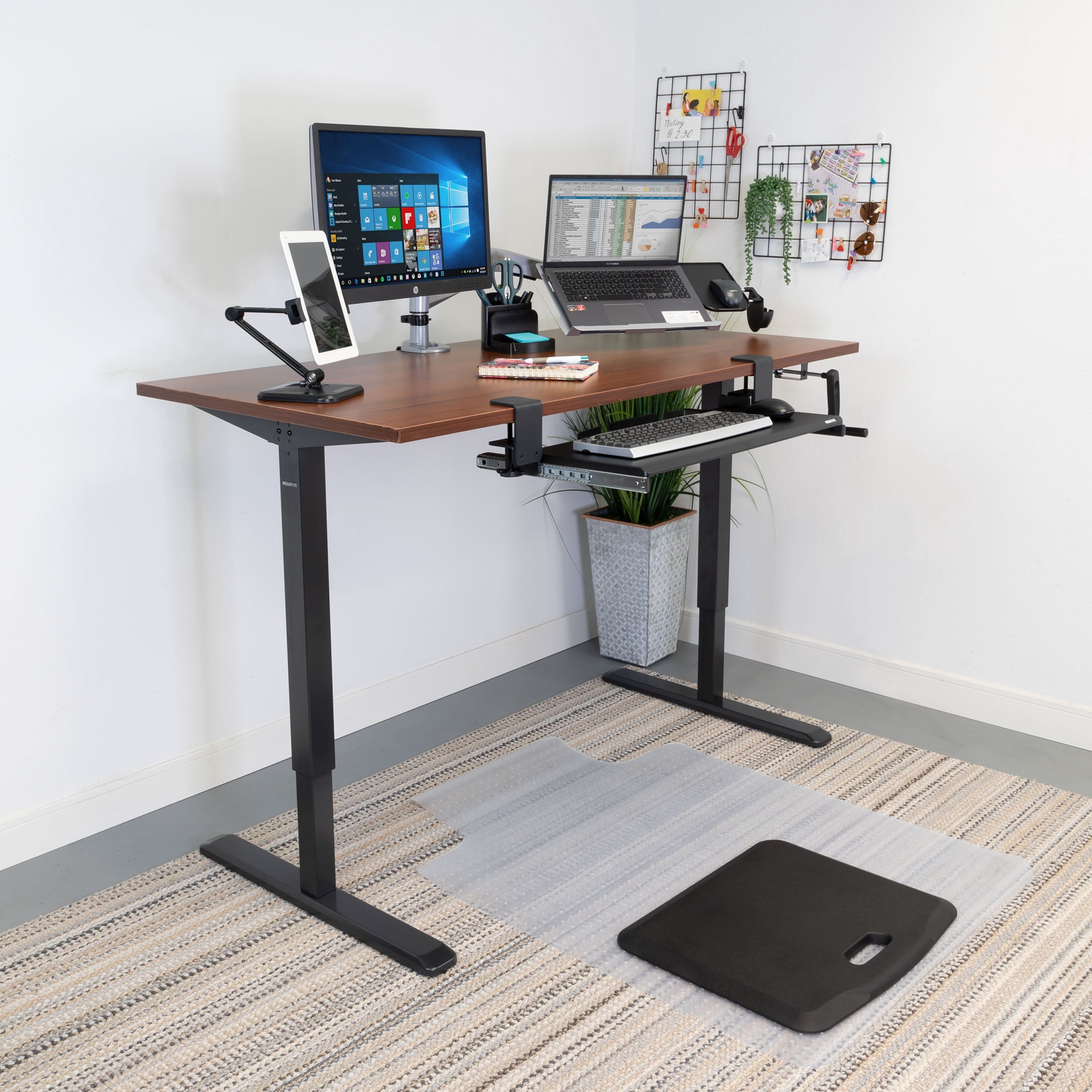 Mount-It! Hand Crank Sit-Stand Black Desk Frame with Extra-Wide Brown Tabletop