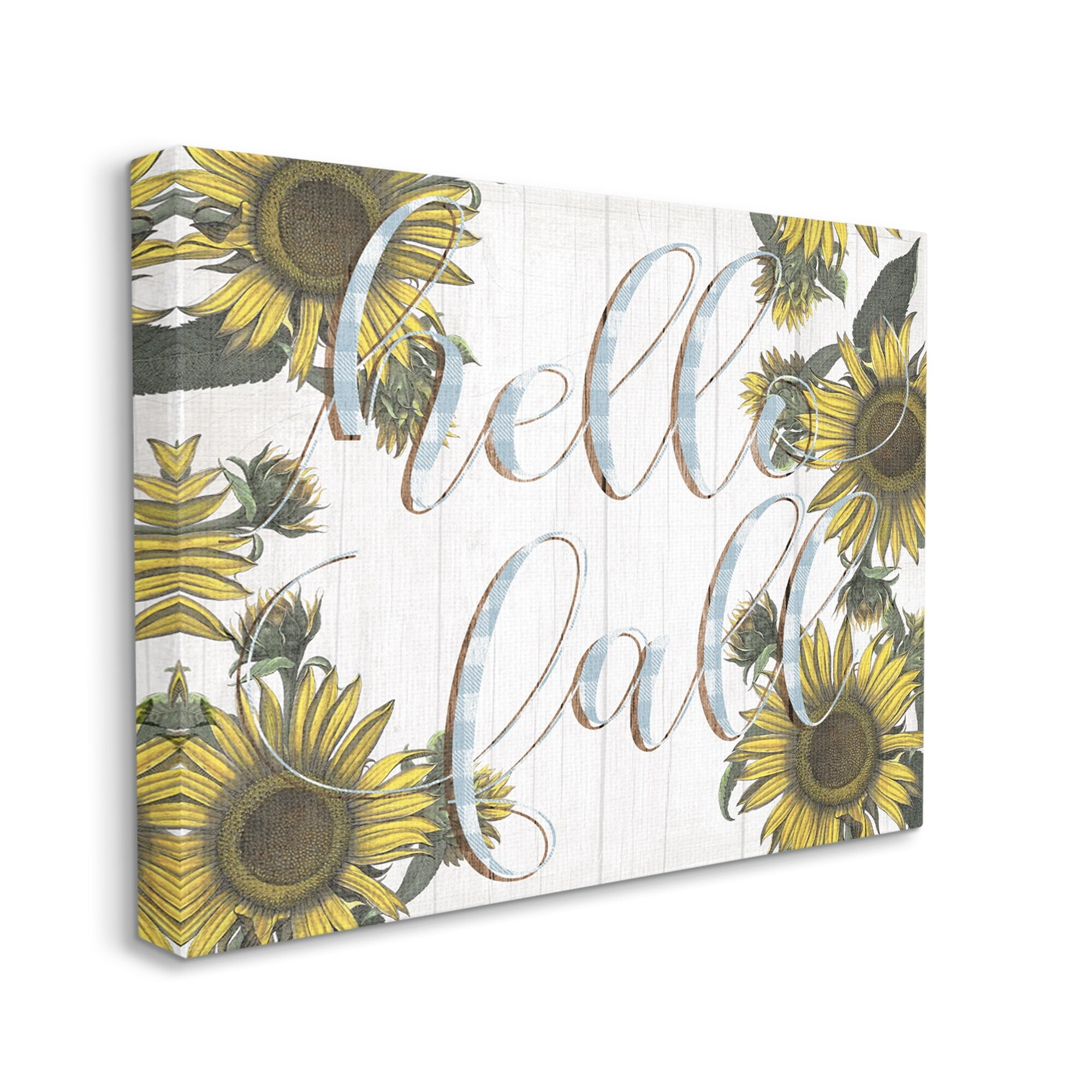 Stupell Industries Hello Fall Phrase Blue Checker Plaid Sunflower Florals, 20 x 16,Design by Daphne Polselli