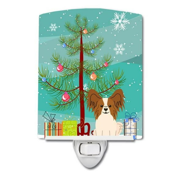 Caroline's Treasures BB4203CNL Merry Christmas Tree Papillon Red White Ceramic Night Light, 6x4x3", multicolor
