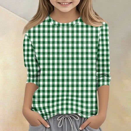 Grblisyd Girls Shirts Size10-12 Plaid Casual Tees Loose 3/4 Length Sleeve Cute Tops Fashion Blouse Army Green 12-13Y