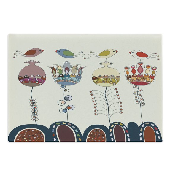 Garden Cutting Board, Cartooned Landscape with Flowers Birds and Abstract Forms Colorful, Decorative Tempered Glass Cutting and Serving Board, Large Size, Multicolor, by Ambesonne