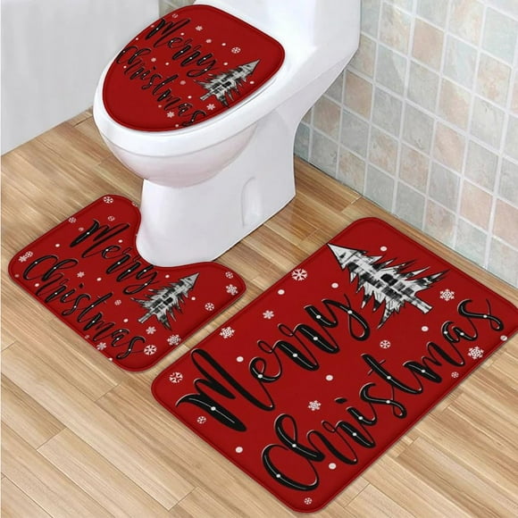 Festive Plaid Comfort Bath Set: Non-Slip 3-Piece Rug & Mat Collection with U-Shaped Floor Mat and Seat Cover