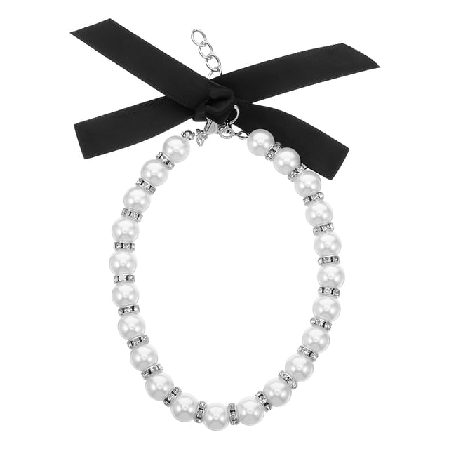 Collar de perlas de imitación para perros y gatos, con accesorios brillantes y lazo de cinta, joyería para cachorros, perras y gatas, color blanco