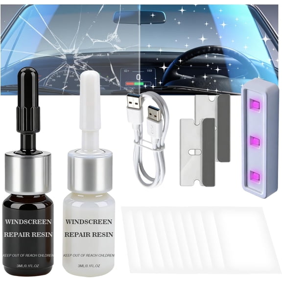 Windshield Repair Kit for Chips and Cracks, Rock Chip Repair Kit Windshield, for All Car Windshield Crack Repair Kit to Repair Scratche, with Type-C Uv Curing Light