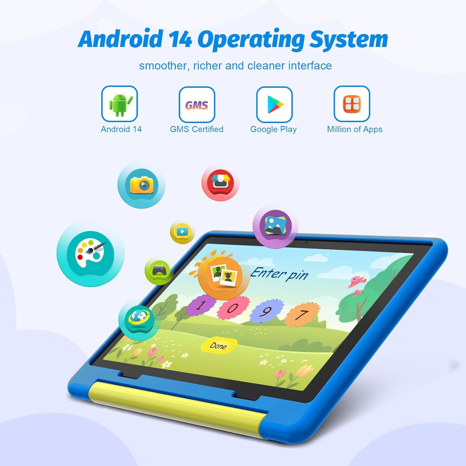 AEEZO Kids Tablet, 10 Inch Android 14 Tablet for Kids Ages 3-12, Octa-Core 8+64GB, 1 TB Expandable,Parental Control, Pre-Installed KIDOZ with Shockproof Case (Blue)