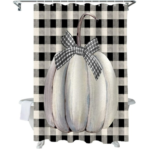 Fall Shower Curtain White Pumpkin Shower Curtains for Bathroom Black Buffalo Plaid Bath Curtains Sets with Hooks for Autumn Thanksgiving Seasonal Bathroom Decor Polyester Fabric Waterproof 72 x 84 in