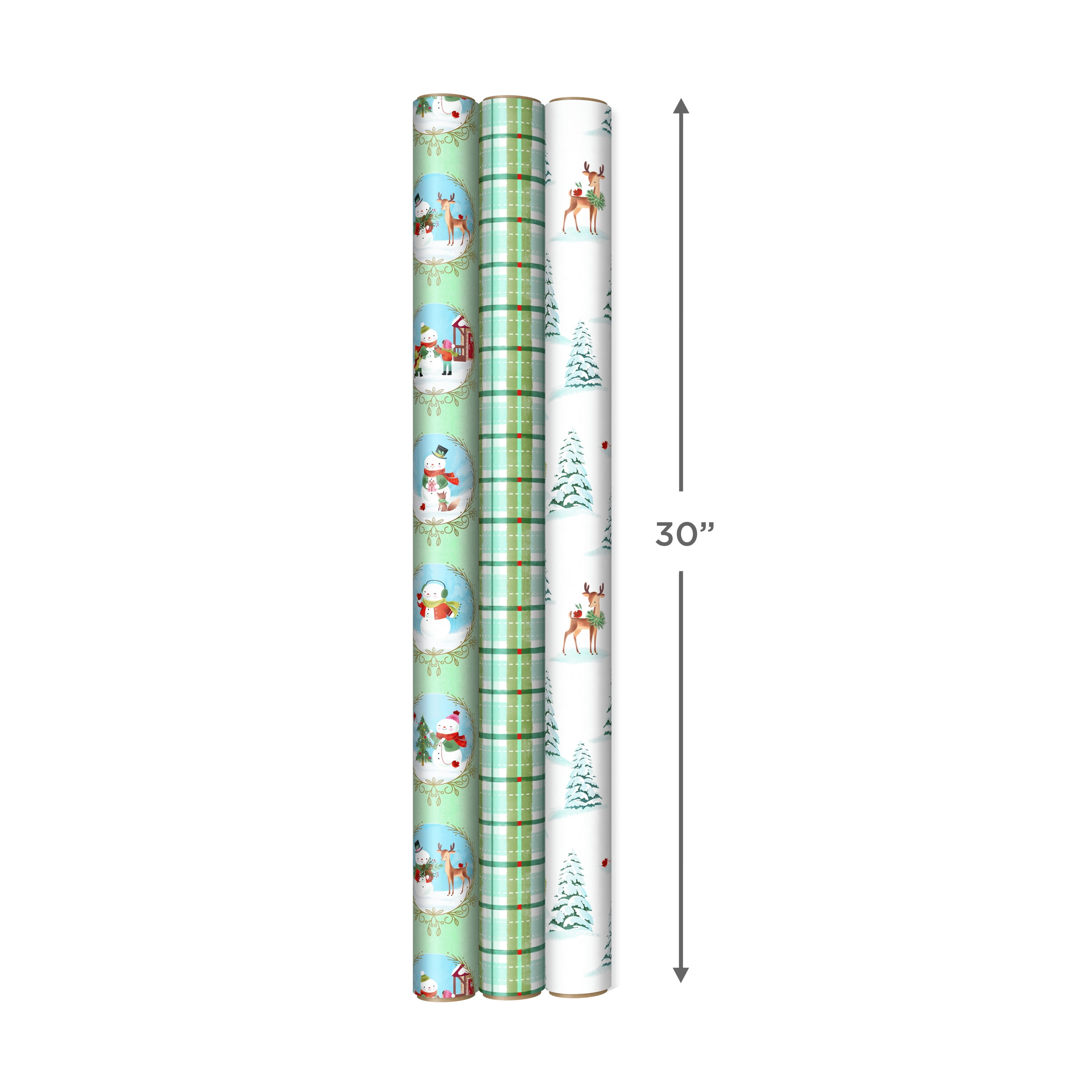 Hallmark Recyclable Neutral Christmas Wrapping Paper (4 Rolls: 100 Sq. ft. ttl) White and Sage Green Evergreen Pinecones, Rustic Snowmen, Plaid